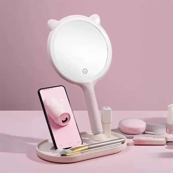 Kedi Kulaklı Telefon Standlı Dokunmatik Led Yuvarlak Makyaj Aynası