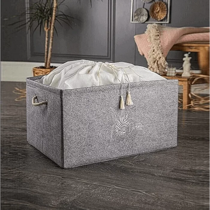 Kumaş Büzgü Torbalı Keçe Kutu Baza 50x40x18 Cm