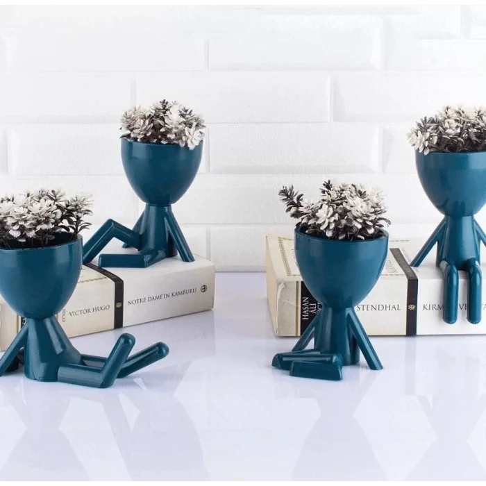 Mavi Dekoratif İnsan Şekilli Figür Saksı 3 Lü