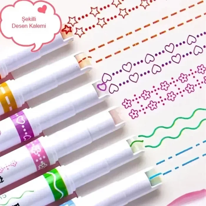 Renkli Şekilli Desen Baskılı 6 Lı Kalem Seti Not Alma Yazma Çizim İçin