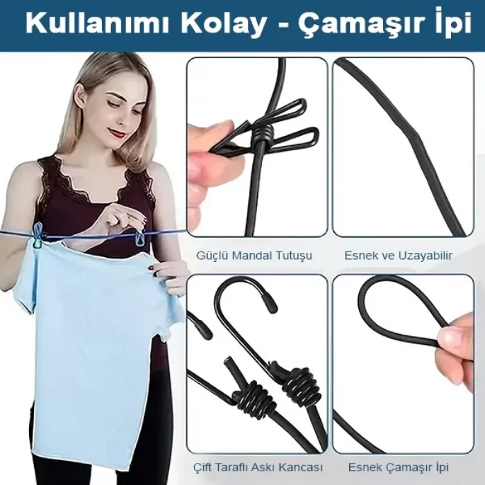 Seyahat Kamp Çamaşır İpi 12 Mandallı Askı Esnek Kurutmalık
