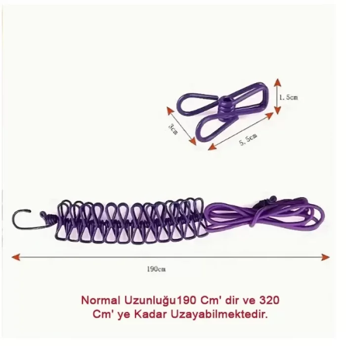 Seyahat Kamp Çamaşır İpi 12 Mandallı Askı Esnek Kurutmalık