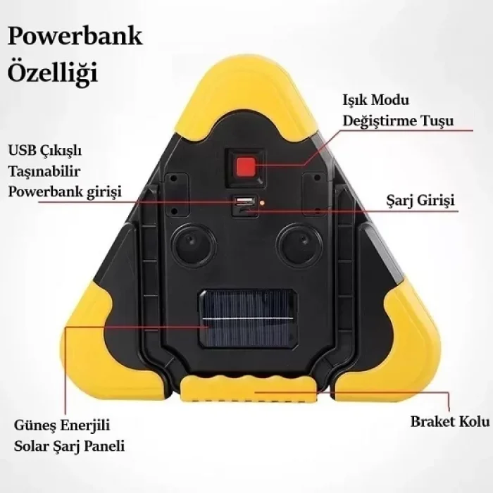 Solar Şarjlı Üçgen Led Reflektör İkaz Feneri