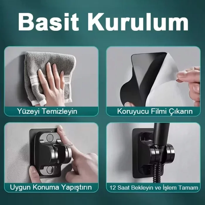 Yapışkanlı Duş Başlığı Tutucu Ayarlı Siyah