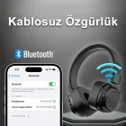Katlanabilir Kafa Üstü Deri Kemerli Mikrofonlu Bluetooth 5.3 Kafa Üstü Kulaklık Uzun Süreli Kullanım Siyah
