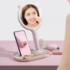 Kedi Kulaklı Telefon Standlı Dokunmatik Led Yuvarlak Makyaj Aynası