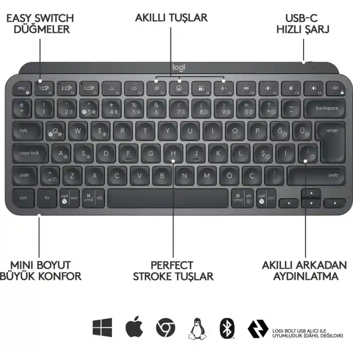 LOGITECH MX KEYS MINI MINIMALIST KABLOSUZ BLUETOOTH AYDINLATMALI Q TR KLAVYE SİYAH 920-010504