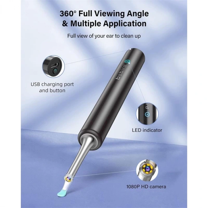 BEBIRD T5 3MP KAMERA 3.5MM LENS ŞARJLI WIFI GÖRÜNTÜLÜ KULAK TEMİZLEYİCİ SİYAH RENK