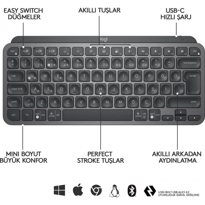LOGITECH MX KEYS MINI MINIMALIST KABLOSUZ BLUETOOTH AYDINLATMALI Q TR KLAVYE SİYAH 920-010504