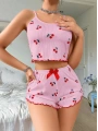 Kadın Pembe Kiraz Desenli Askılı Şortlu Pijama Takım 5044