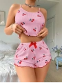 Kadın Pembe Kiraz Desenli Askılı Şortlu Pijama Takım 5044