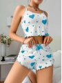 Kadın Beyaz Mavi Kalp Desenli Askılı Şortlu Pijama Takım 5043