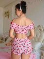 Kadın Pembe Çilek Desenli Fantezi Şort takım 2156