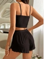 Kadın Siyah Yandan Yırtmaçlı Askılı Şortlu Pijama Takım 5041