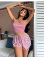 Kadın pembe çizgili desen Askılı Şortlu Pijama Takım 5002