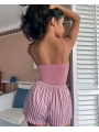 Kadın pembe çizgili desen Askılı Şortlu Pijama Takım 5002