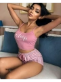 Kadın pembe çizgili desen Askılı Şortlu Pijama Takım 5002