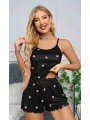 Kadın Siyah Kalp Desenli Askılı Şortlu Gecelik Takım 5018