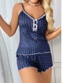 Kadın Lacivert Dantel Detaylı Beyaz Noktalı Şortlu Gecelik Pijama Takımı 5049