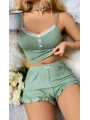 Kadın Yeşil Dantel Detaylı Şortlu Gecelik Pijama Takımı 5014