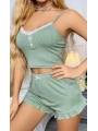 Kadın Yeşil Dantel Detaylı Şortlu Gecelik Pijama Takımı 5014