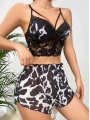 Kadın Siyah Leopar desenli Dantel detaylı Şortlu Gecelik Pijama Takımı 5055