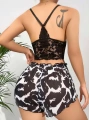 Kadın Siyah Leopar desenli Dantel detaylı Şortlu Gecelik Pijama Takımı 5055