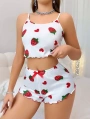 Kadın Beyaz Çilek desenli Şortlu Pijama Takımı 5053