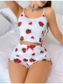 Kadın Beyaz Çilek desenli Şortlu Pijama Takımı 5053