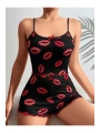 Kadın Siyah Dudak Desenli Şortlu Pijama Takımı 5057