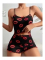 Kadın Siyah Dudak Desenli Şortlu Pijama Takımı 5057