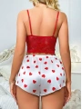 Kadın Kırmızı Kalp Desenli Şort Askılı Dantel Üst Pijama Takımı 2218