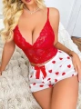 Kadın Kırmızı Kalp Desenli Şort Askılı Dantel Üst Pijama Takımı 2218