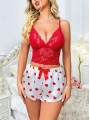 Kadın Kırmızı Kalp Desenli Şort Askılı Dantel Üst Pijama Takımı 2218