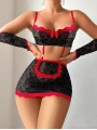 5 parça Kırmızı Siyah Dantel Çiçek Desen Hizmetçi Model Özel Fantezi Tanga Hediyeli 2043