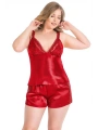 Morliva Büyük Beden Kırmızı Saten Babydoll Şort Takımı
