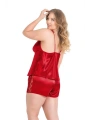 Morliva Büyük Beden Kırmızı Saten Babydoll Şort Takımı