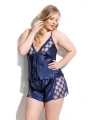 Morliva  Büyük Beden Lacivert Saten Babydoll Şort Takımı