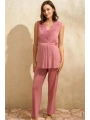 Morliva  Sıfır Kol V Yaka Kadın Viskon Düz Yazlık Uzun Dantel Detaylı Hamile Pijama Takımı Sabahlık