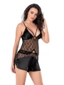Morliva Siyah Saten Babydoll Şort Takımı