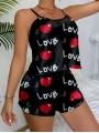 Aşk Temalı Kalp Desenli Siyah Saten Şortlu Gecelik Takım