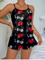 Aşk Temalı Kalp Desenli Siyah Saten Şortlu Gecelik Takım