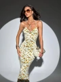 ÇİÇEK BASKILI UZUN KALEM ELBİSE SARI