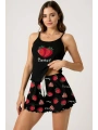 Çilek Baskılı Siyah Askılı Şortlu Pijama Takımı