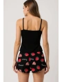 Çilek Baskılı Siyah Askılı Şortlu Pijama Takımı