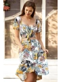 Dokuma Önden Bağlamalı Çiçek Baskılı Omuzu Düşük Büstiyer ve Önden Düğmeli Etek Takım