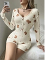 Kadın Bej Ayıcık Desenli Pijama Tulumu 5123