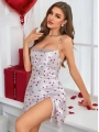 Kadın Beyaz Fuşya Kalp Desenli saten Gecelik 2219