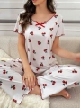 Kadın Beyaz Kiraz Desenli Kısa Kollu Yumuşak Pijama Takımı 5128