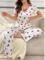 Kadın Beyaz Kiraz Desenli Kısa Kollu Yumuşak Pijama Takımı 5128